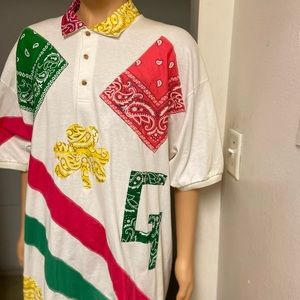 GENUINE THREADZ M L WHITE POLO SHIRT WITH GREEN HOT PINK  GOLD MUSTARD BANDANNA
